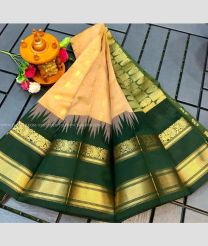 Cream and Forest Fall Green color Chenderi silk handloom saree with all over buties with temple kuppadam border design -CNDP0016099