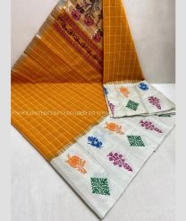 Carrot Orange and White color Chenderi silk handloom saree with all over thread weaving checks with kalamkari printed border design -CNDP0014827