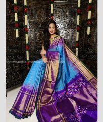 Blue and Purple color pochampally ikkat pure silk handloom saree with all over checks with ikkat handmade jaquard border design -PIKP0019856