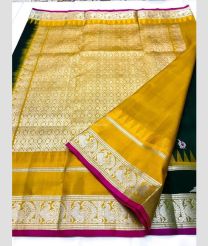 Forest Fall Green and Golden Yellow color venkatagiri pattu handloom saree with all over buties design -VAGP0000789