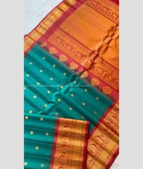Sea Green and Red color gadwal pattu handloom saree with temple border saree design -GDWP0000754
