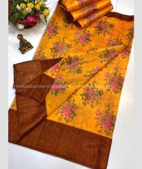 Brown and Mango Yellow color Chenderi silk handloom saree with printed design saree -CNDP0012048