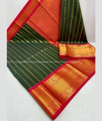Pine Green and Pink color Chenderi silk handloom saree with all over buties with kuppadam border design -CNDP0015773
