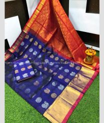 Navy Blue and Red color kuppadam pattu handloom saree with all over peacock buties design -KUPP0085977