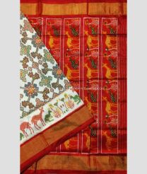 Cream and Red color pochampally ikkat pure silk handloom saree with all over pochampally design with tissue border -PIKP0019519