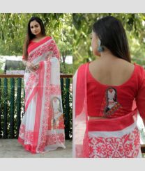 White and Red color linen sarees with digital printed design -LINS0003198