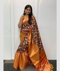 Dark Grey and Mustard Yellow color Banarasi sarees with all over zari work and majestic contrast kalamakri design -BANS0003023