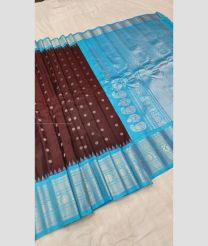 Chocolate and Lite Blue color gadwal pattu handloom saree with all over buties with kuttu kanchi border design -GDWP0001071