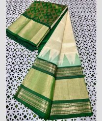 Cream and Pine Green color kuppadam pattu handloom saree with plain with big temple and rudraksha kanchi border design -KUPP0096812