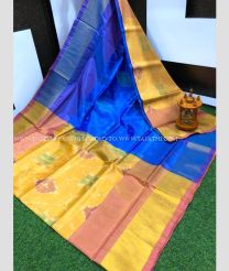 Mustard Yellow and Blue color Uppada Soft Silk handloom saree with all over ikkat design -UPSF0003747