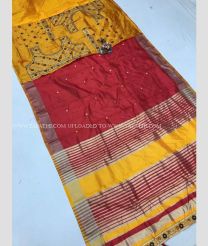 Mango Yellow and Red color Banarasi sarees with all over jacquard buties with golden border design -BANS0018791