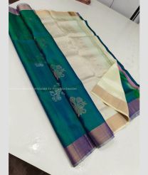 Teal and Cream color soft silk kanchipuram sarees with all over handwoven big buties with unique collection design -KASS0000971