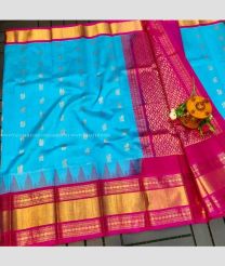 Lite Blue and Pink color kuppadam pattu handloom saree with temple border design -KUPP0097111