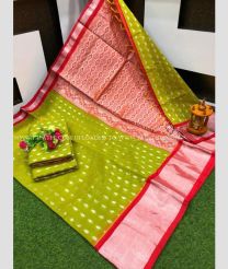 Acid Green and Red color Chenderi silk handloom saree with all over buties with kaddi border design -CNDP0016272