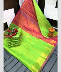 Parrot Green and Tomato Red color Uppada Tissue handloom saree with plain border design -UPPI0001780
