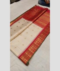 Cream and Red color gadwal pattu handloom saree with all over small checks with temple kuttu borders design -GDWP0001475