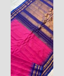 Pink and Navy Blue color gadwal pattu handloom saree with all body weave with tiny jari and reasham checks with temple kothakomakuthu interlock weaving system design -GDWP0001174