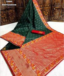 Forest Fall Green and Red color Kora handloom saree with thread weaving with contrast peacock weaving border design -KORS0000086