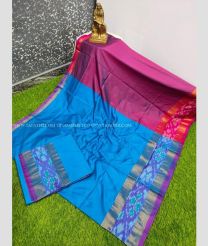 Blue Ivy and Magenta color Uppada Soft Silk handloom saree with plain with pochampally border design -UPSF0003155