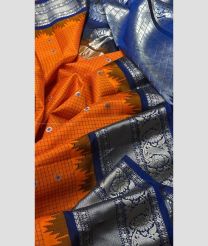 Orange and Windows Blue color gadwal pattu handloom saree with all over checks including meena buties design -GDWP0001644