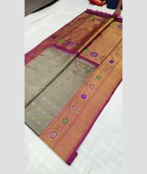 Grey and Magenta color gadwal pattu handloom saree with all over buties with paithani broder design -GDWP0001342