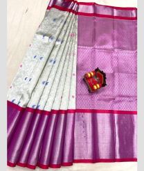 Half White and Magenta color kuppadam pattu handloom saree with kanchi border saree design -KUPP0025911