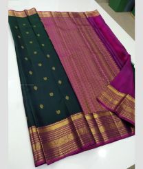 Forest Fall Green and Magenta color kanchi pattu handloom saree with all over buties with double wrap border design -KANP0013272