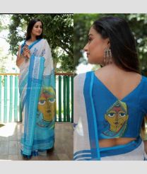 Half White and Sky Blue color linen sarees with digital printed design -LINS0003195