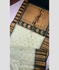 Half White and Black color gadwal pattu handloom saree with all over checks and buties including meenakari buties with kanchi kuthu temple kothakomma border design -GDWP0001723