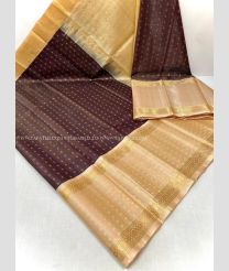 Chocolate and Cream color kuppadam pattu handloom saree with all over jari checks and buties with kuppadam kanchi border design -KUPP0097097