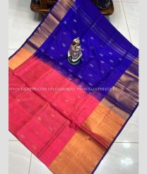 Coral Pink and Navy Blue color uppada pattu handloom saree with all over nakshtra buties with 400k kaddi border design -UPDP0020747
