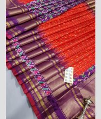 Orange and Purple color pochampally ikkat pure silk handloom saree with all over hand made designer bone checks with hand made jacquard border -PIKP0021618