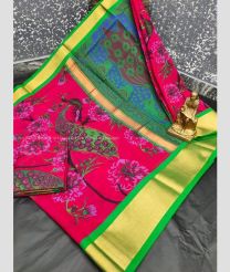 Pink and Blue color Uppada Soft Silk handloom saree with all over peacock printed design -UPSF0004044
