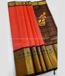 Tomato Red and Chocolate color kuppadam pattu handloom saree with kanchi border design -KUPP0097121
