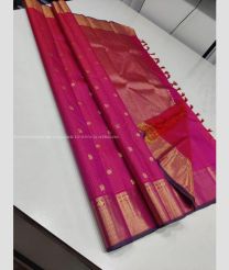 Pink and Copper color kanchi pattu handloom saree with all over buties with 2g pure jari vaira oosi border design -KANP0013343