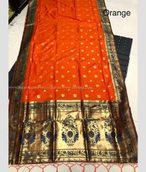 Orange and Golden color paithani sarees with pure zari lotus butti design and lotus border -PTNS0005283