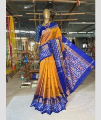 Mustard yellow and Royal BLue color pochampally ikkat pure silk handloom saree with all over pochamally design  sarees -PIKP0004248