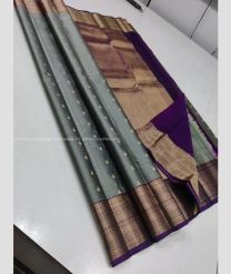 Grey and Purple color kanchi pattu handloom saree with all over buties with hand woven 1g jari traditional border design -KANP0012403