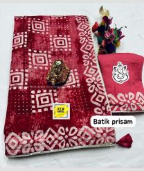 Bean Red color silk sarees with all over prisam batik hand printed with sequence and multi work embroidery jall design -SILK0017397