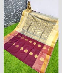 Plum Velvet and Cream color Uppada Soft Silk handloom saree with all over big buties design -UPSF0003359