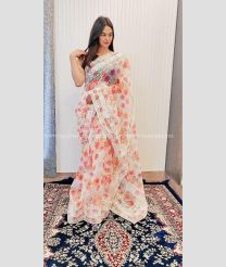 Cream color Organza sarees with all over thread digital floral prints and zari work border design -ORGS0002950
