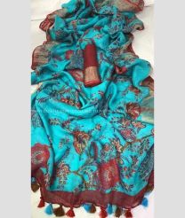 Blue Turquoise and Maroon color linen sarees with all over digital printed with jari border design -LINS0003318
