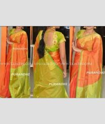 Orange and Parrot Green color Uppada Tissue handloom saree with plain border design -UPPI0001776