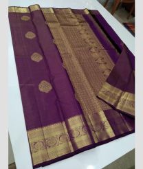 Purple and Golden color kanchi pattu handloom saree with all over big buties with vairaossi model border design -KANP0013172