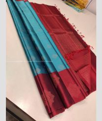 Cyan Blue and Red color kanchi pattu handloom saree with all over trendy pattern big buties design -KANP0013461