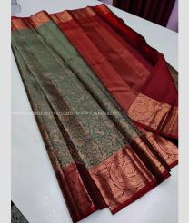 Grey and Maroon color kanchi pattu handloom saree with zari border saree design -KANP0006419