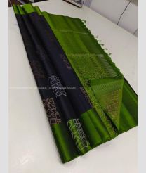 Navy Blue and Green color kanchi pattu handloom saree with all over buties with unique border design -KANP0013690