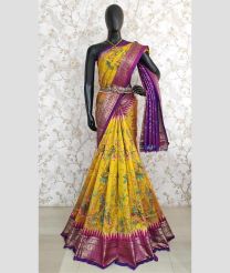 Yellow and Magenta color pochampally ikkat pure silk sarees with kanchi border design -PIKP0037937