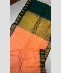 Peach and Forest Fall Green color gadwal pattu sarees with temple kuthu border design -GDWP0001805