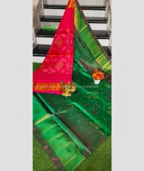 Pink and Pine Green color Uppada Soft Silk handloom saree with pochampalli design -UPSF0004099